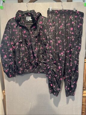 Pam & Gela Black Track Jacket and Pants with Pink Floral Print